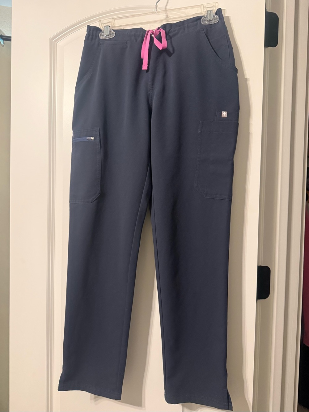 Figs Women’s Slate Blue Cargo Scrub Pants with Pink Drawstring